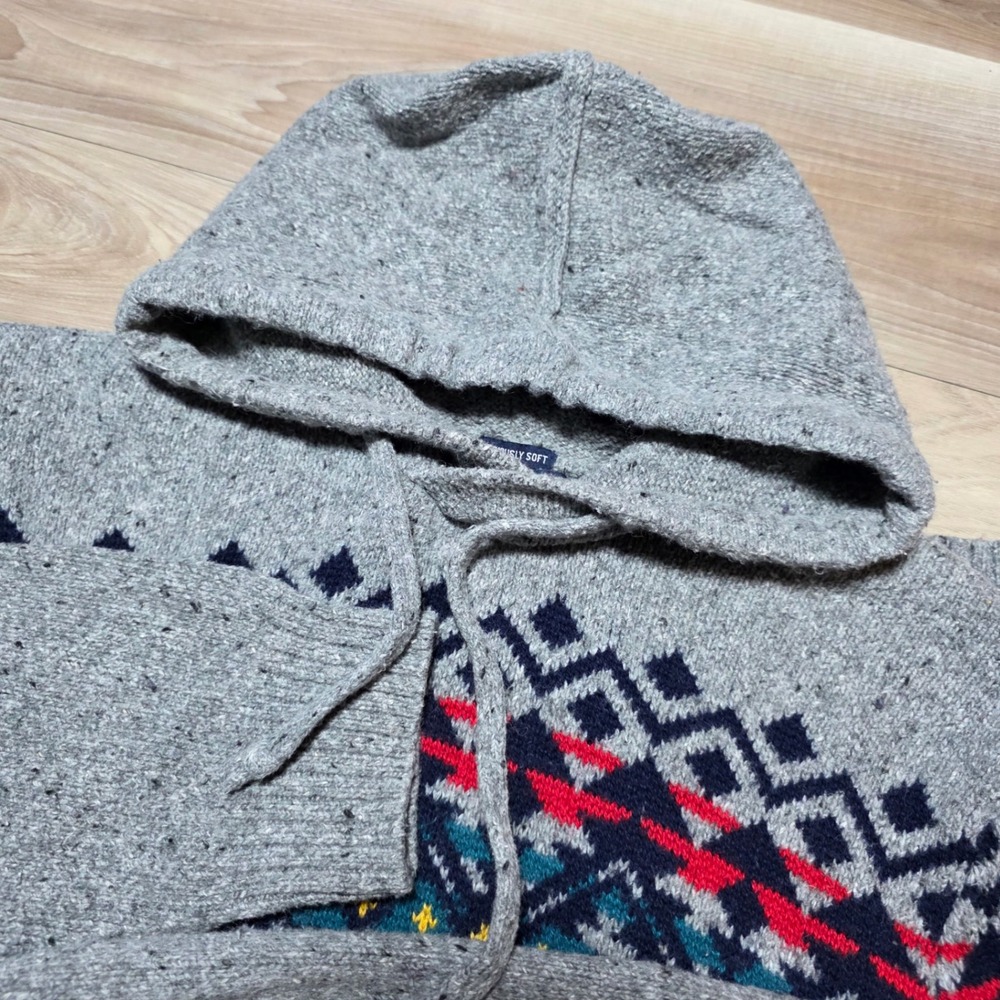American Eagle Hoodie Sweater Mens Large Gray Fair Isle Knit Seriously Soft